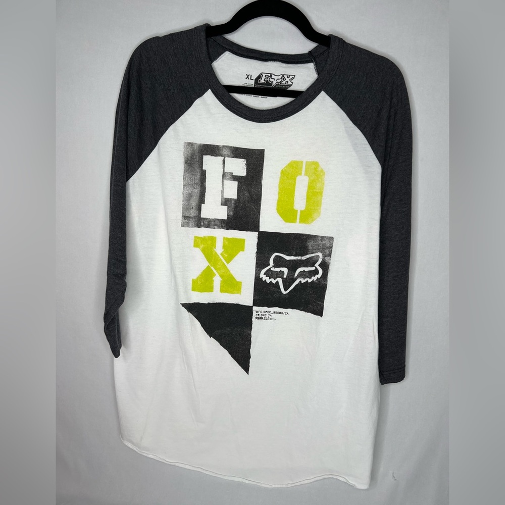 Fox Racing Shirt Mens XL White Yellow Black 3/4 Sleeve Raglan Big Fox Head Logo